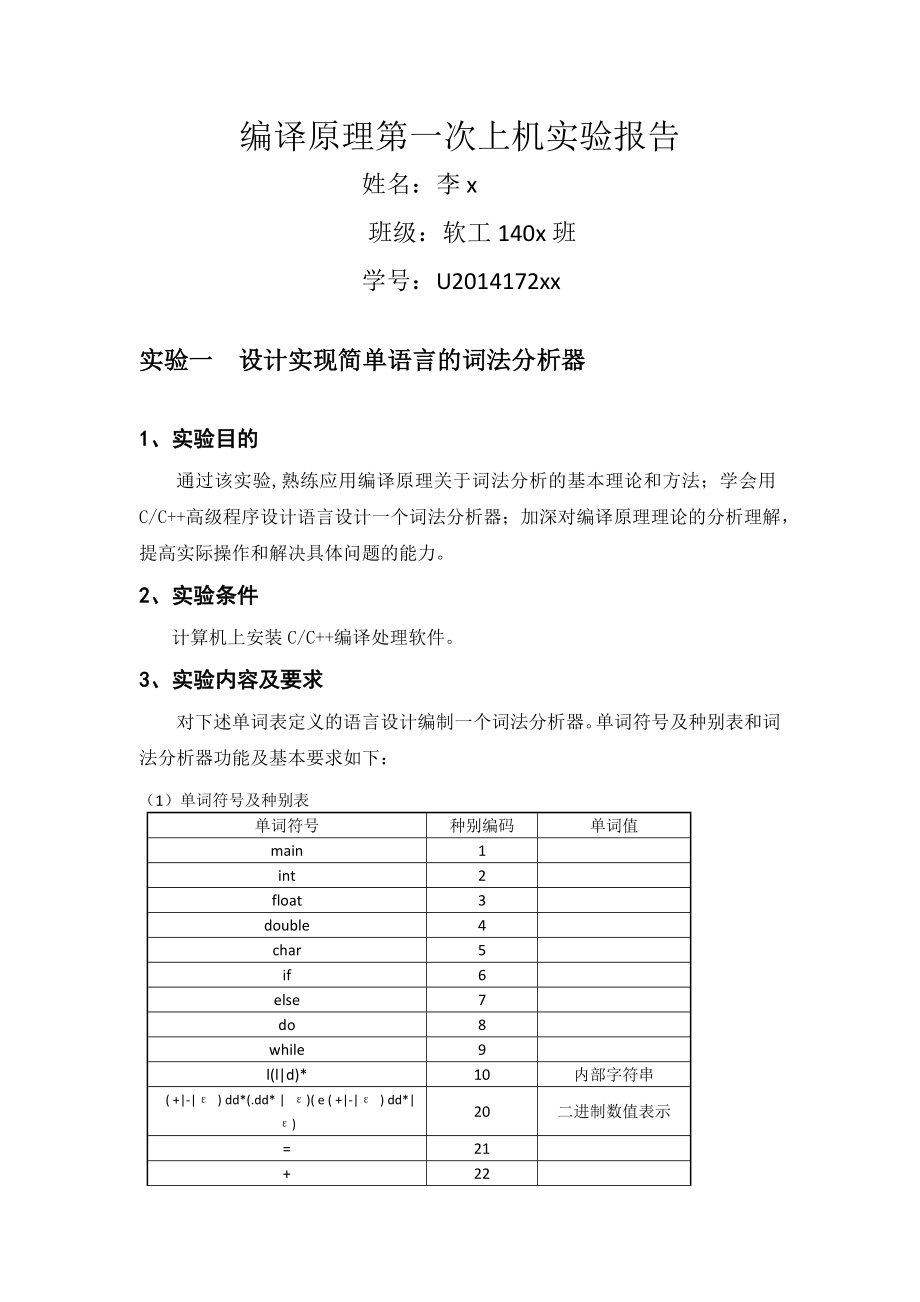 编译原理第一次上机实验报告软工李U2014172xx.docx_第1页