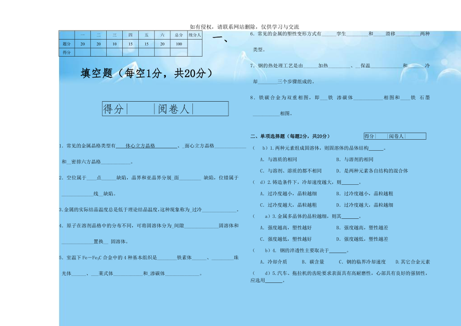 机械工程材料试题及答案(1).doc_第1页