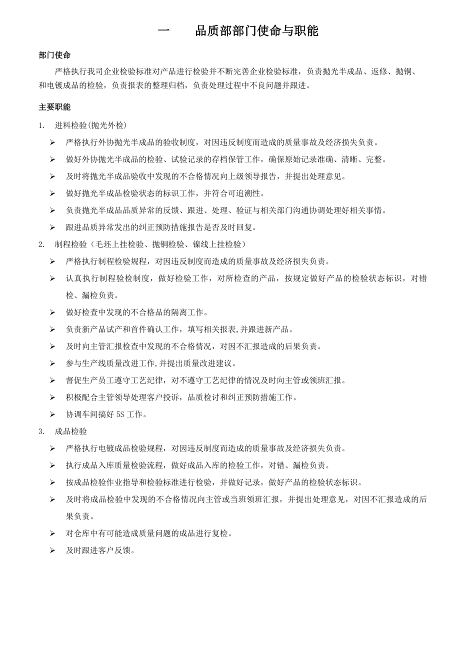 品质部职责与岗位说明书表格类模板表格模板实用文档.docx_第1页