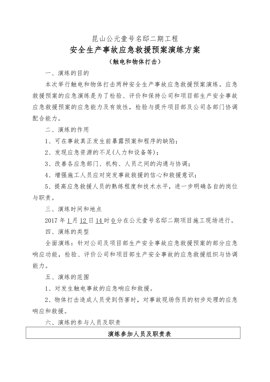 触电及物体打击应急救援预案演练方案.doc_第1页