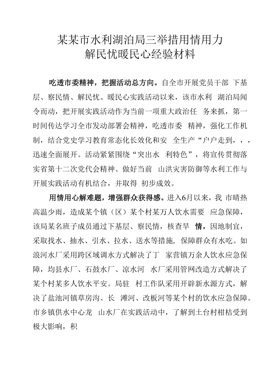 某某市水利湖泊局三举措用情用力解民忧暖民心经验材料.docx_第1页