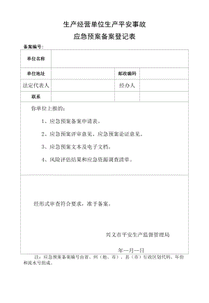 生产经营单位生产安全事故应急预案备案登记表(范本).docx