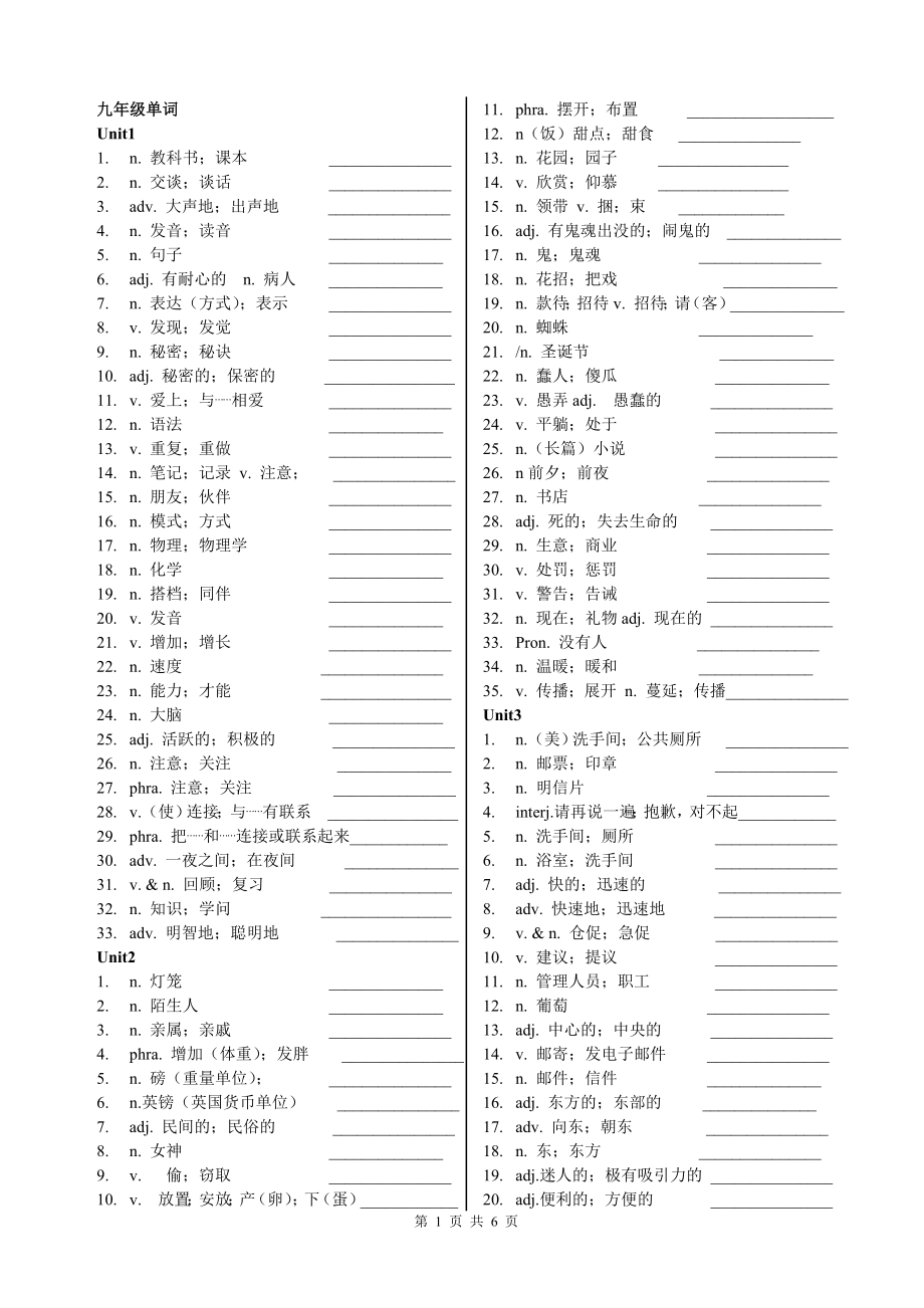 最新人教版九年级英语单词默写表(含词性).doc_第1页