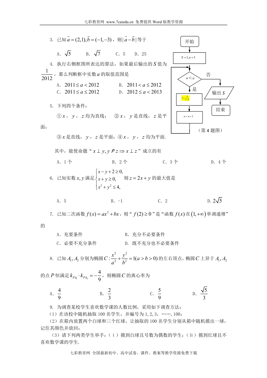 福建省泉州市2012届高三3月质量检查试题数学理(2012泉州质检).doc_第2页