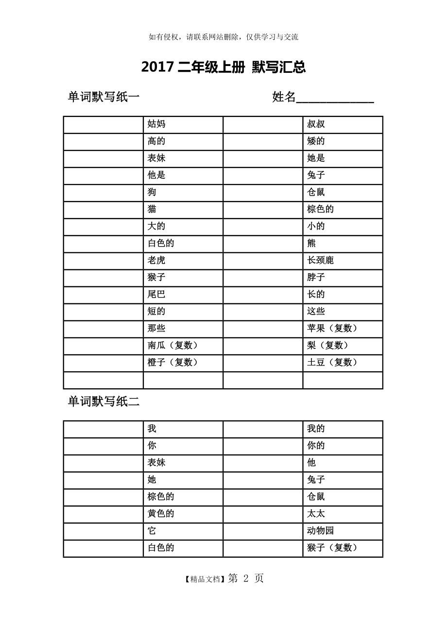 苏教版2A英语二年级上unit1—8单词词组综合默写纸.doc_第2页