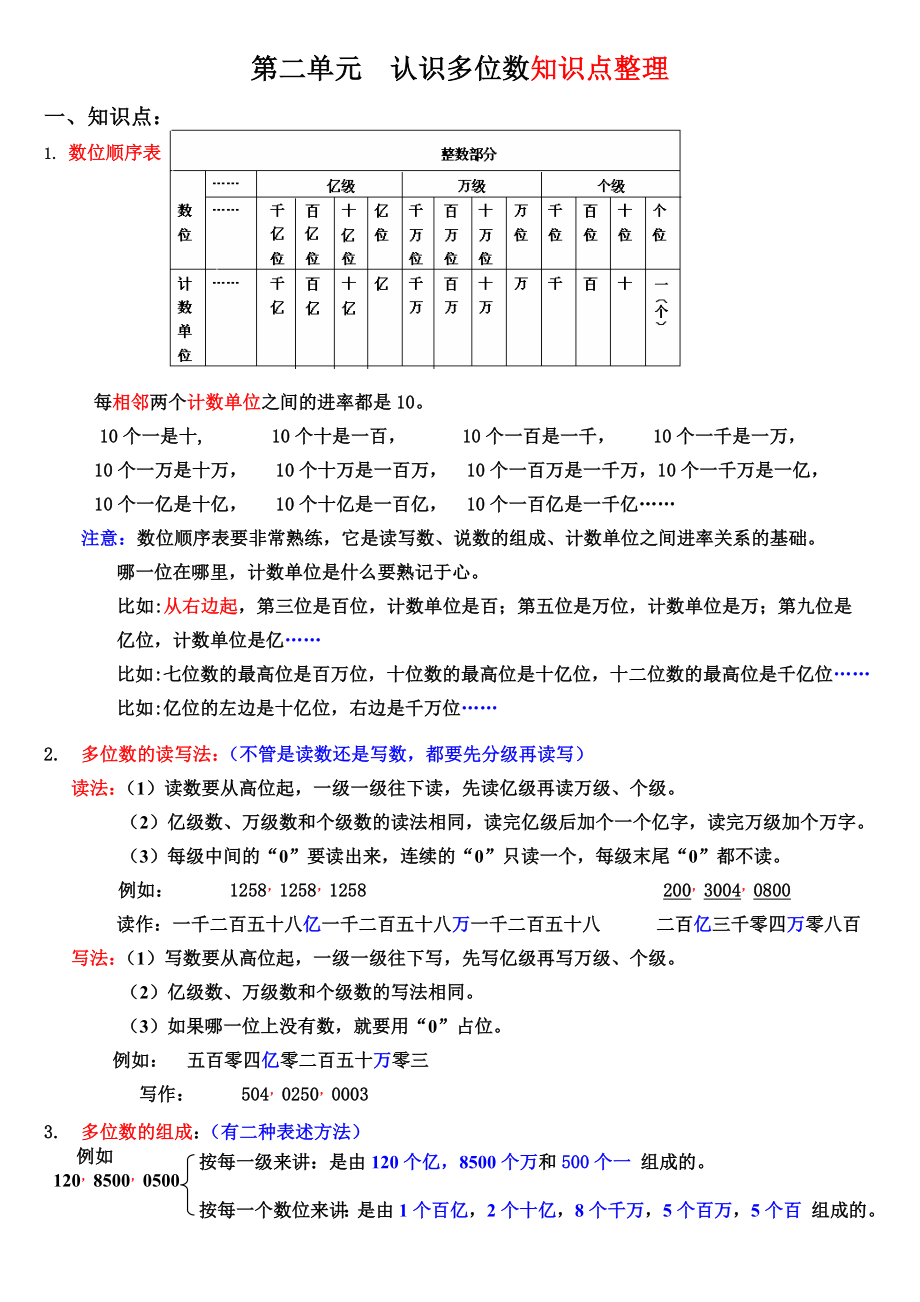 四下数学第二单元多位数的认识知识整理.doc_第1页