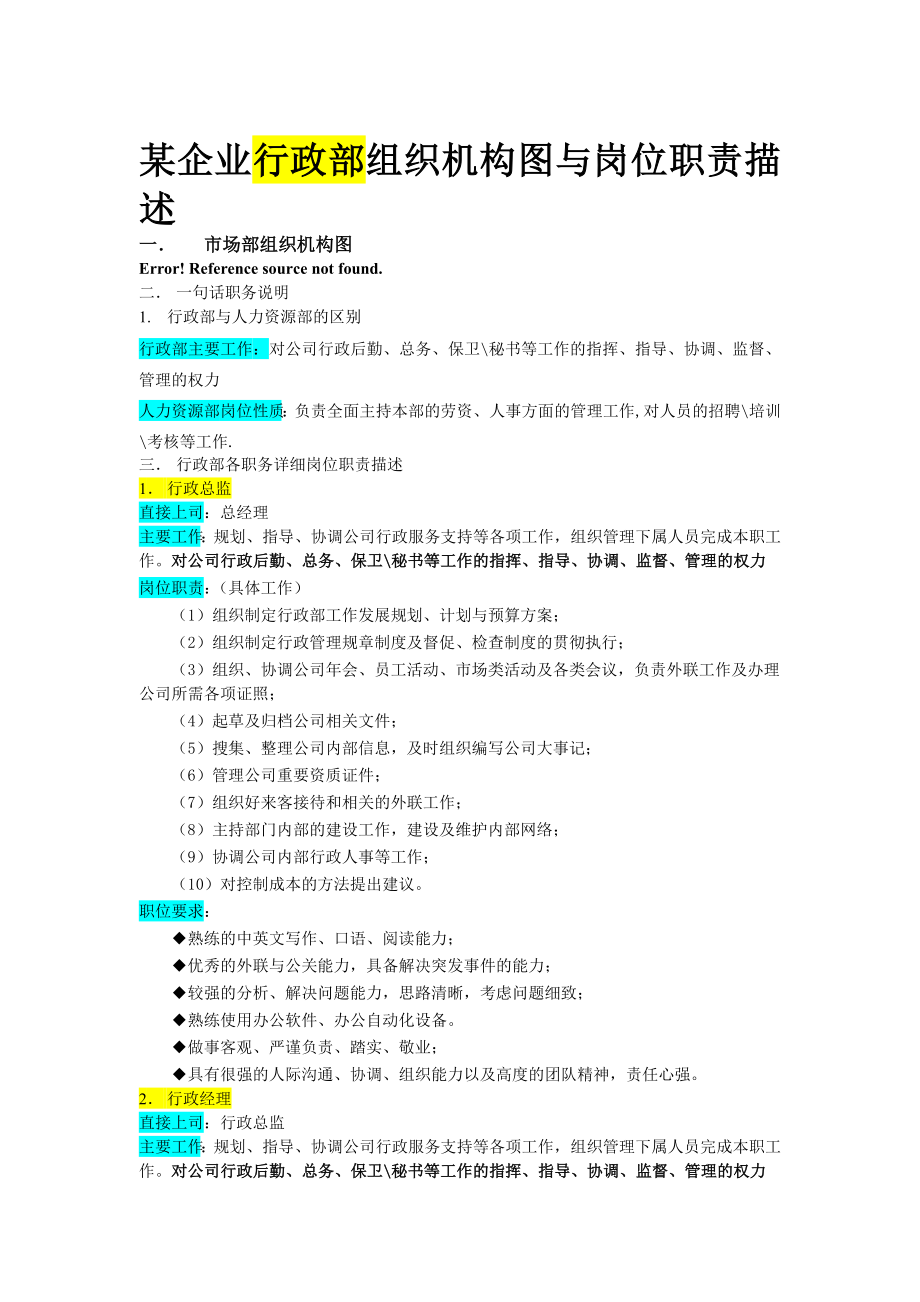 公司组织结构与岗位职责全套行政部.doc_第1页