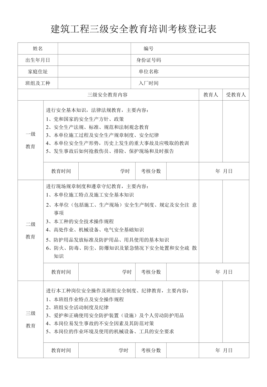 建筑工程三级安全教育培训考核登记表.docx_第1页