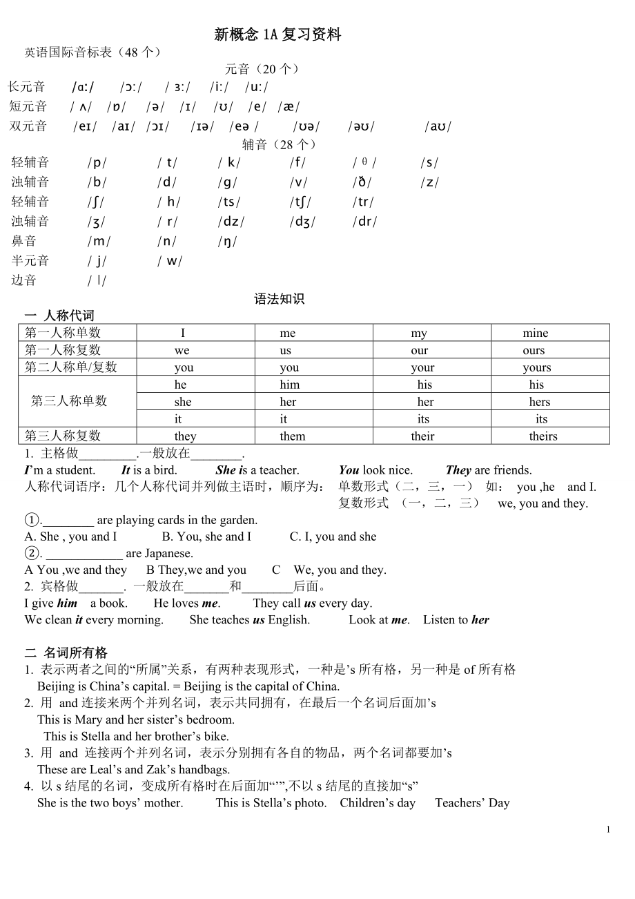 新概念英语一_1-36课语法知识点总结复习以及相应习题.doc_第1页