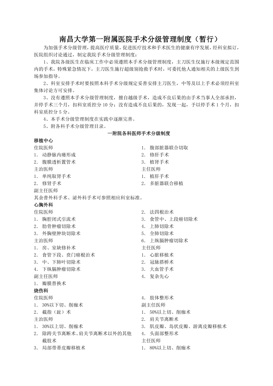 手术分级管理制度南昌大学第一附属医院.doc_第1页