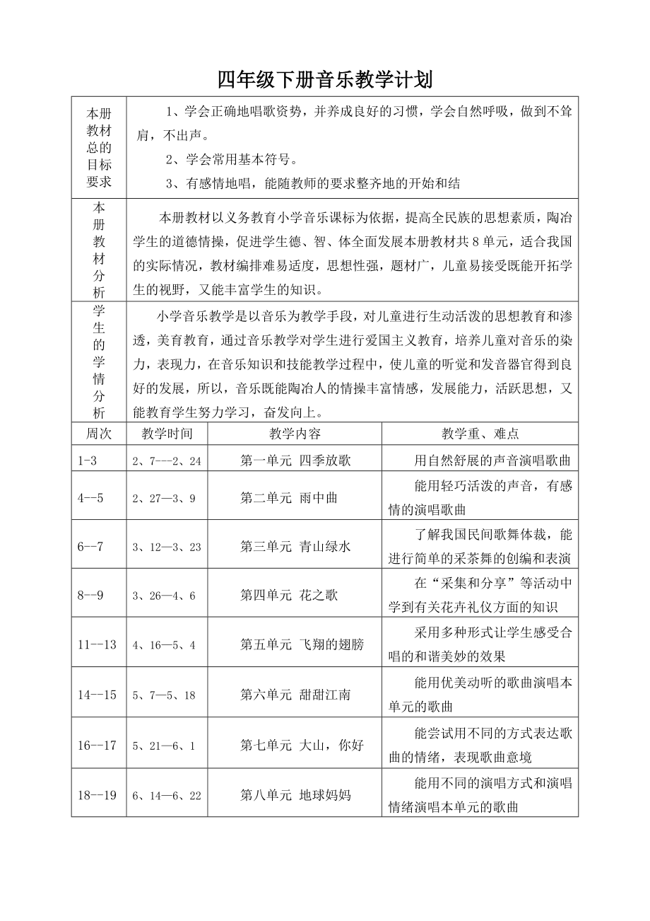 苏教版四下音乐教学计划-.doc_第1页