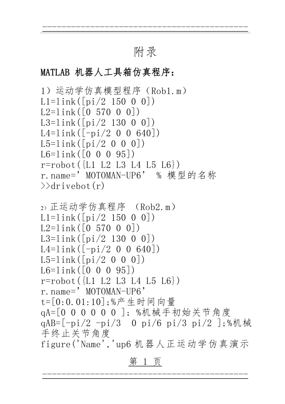 MATLAB机器人仿真程序(7页).doc_第1页