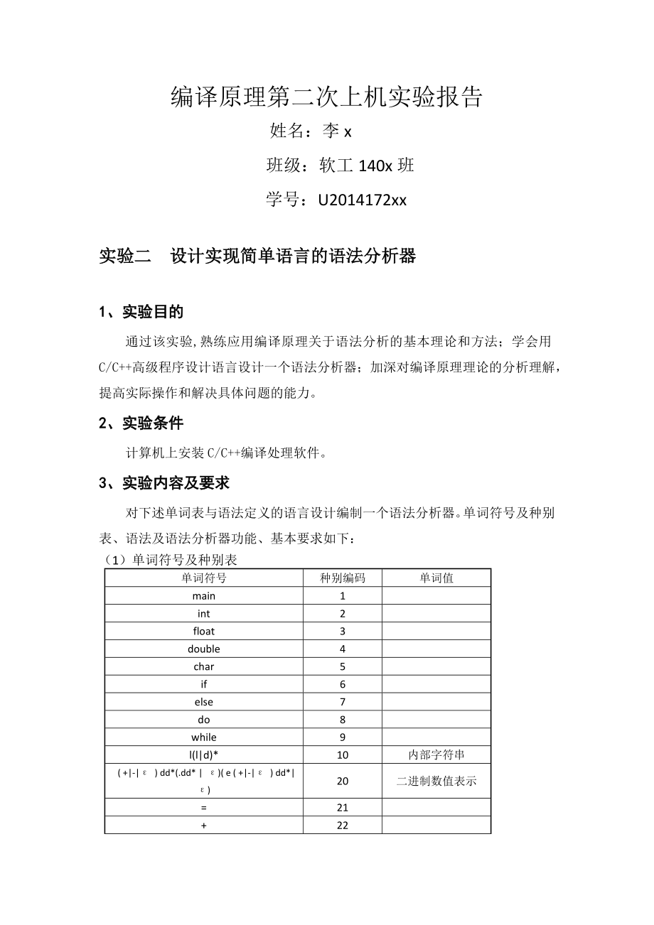 编译原理第二次上机实验报告软工李U2014172xx.docx_第1页