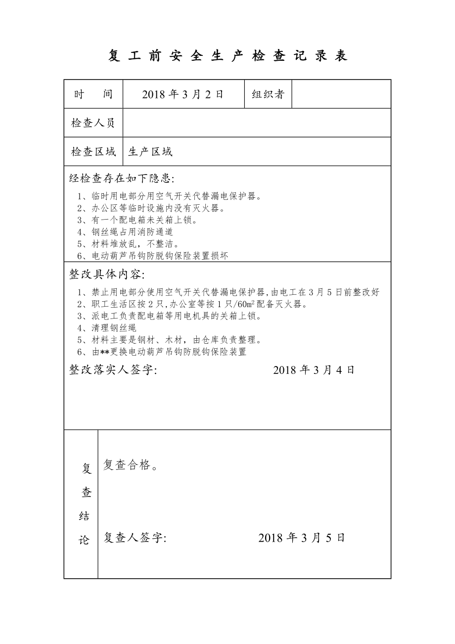 复工复产前安全生产检查记录表-样表.doc_第1页