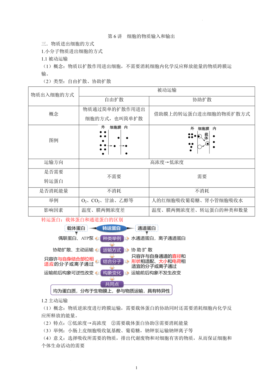 高三生物一轮复习：第6讲 细胞的物质输入和输出基础知识.docx_第1页