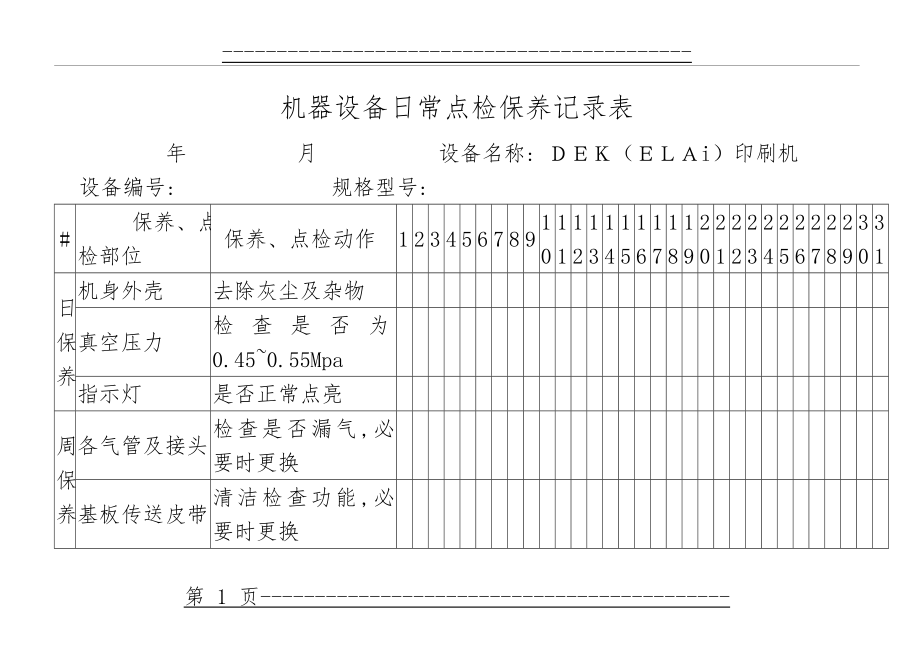 smt印刷机日常点检保养记录表(4页).doc_第1页