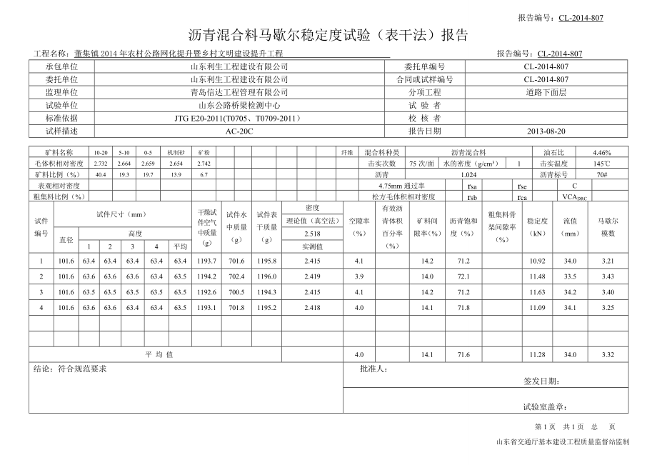 沥青混合料马歇尔稳定度试验表干法报告.doc_第1页