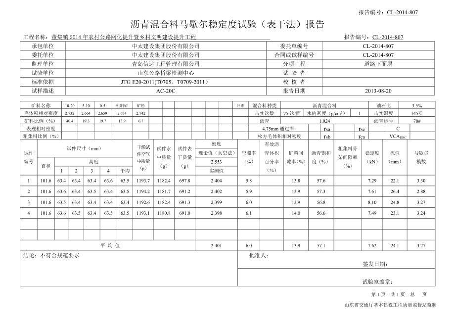 沥青混合料马歇尔稳定度试验表干法报告.doc_第2页