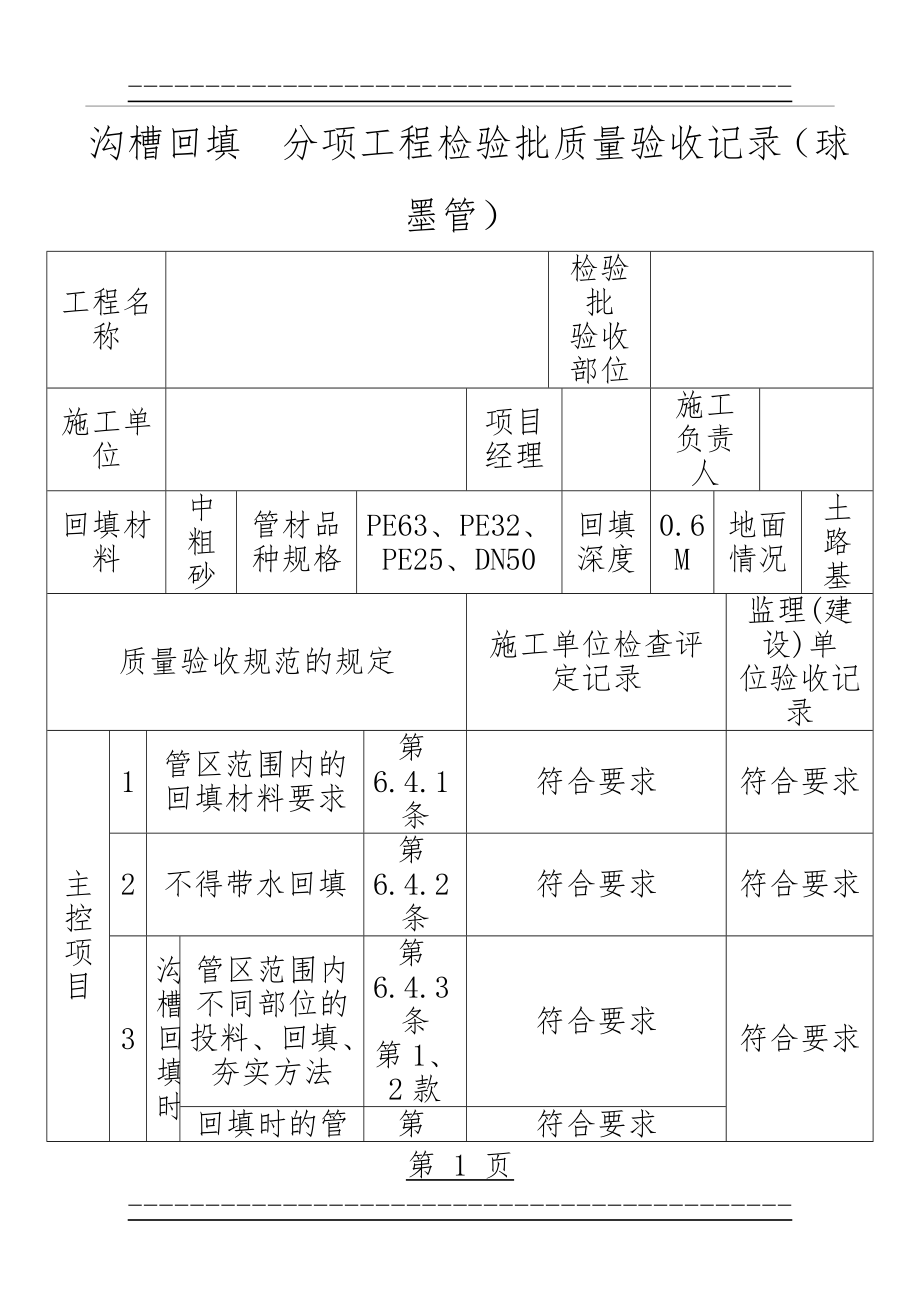 PE管及双壁波纹管施工分部、分项、检验批质量验收表格(18页).doc_第1页