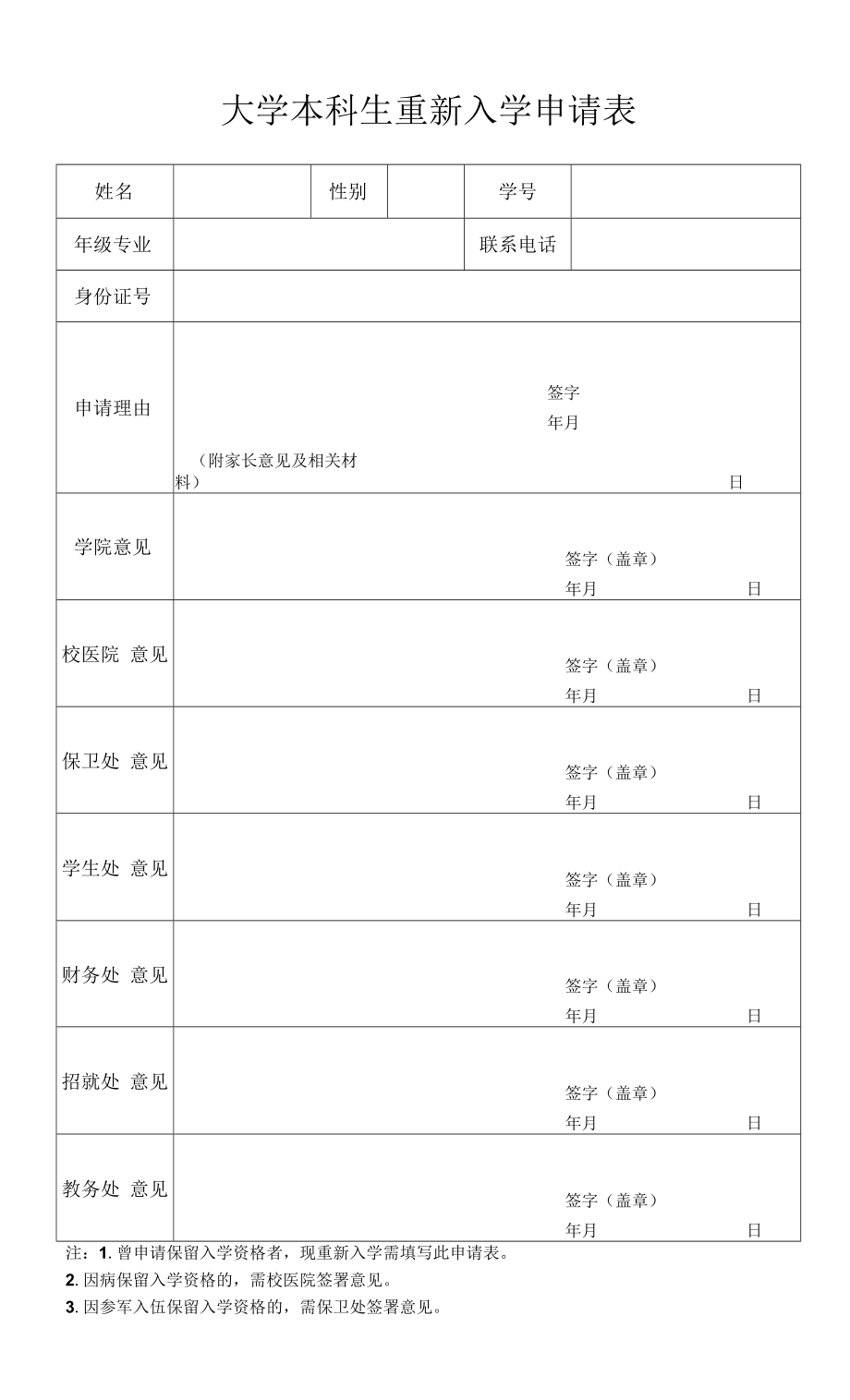 大学本科生重新入学申请表.docx_第1页