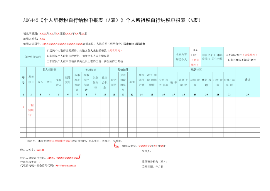 A06442《个人所得税自行纳税申报表（A表）》 (填写样例).docx_第1页