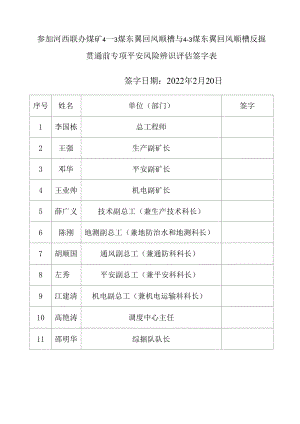 参加与4-3煤东翼回风顺槽专项安全风险辨识评估签字表.docx