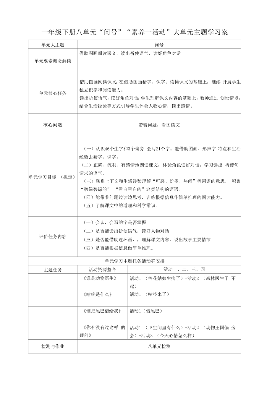 一年级下册八单元“问号”“素养－活动”大单元主题学习.docx_第1页