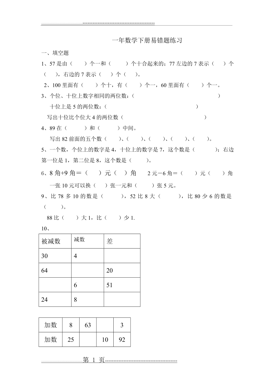 一年级下册数学易错题练习(2页).doc_第1页