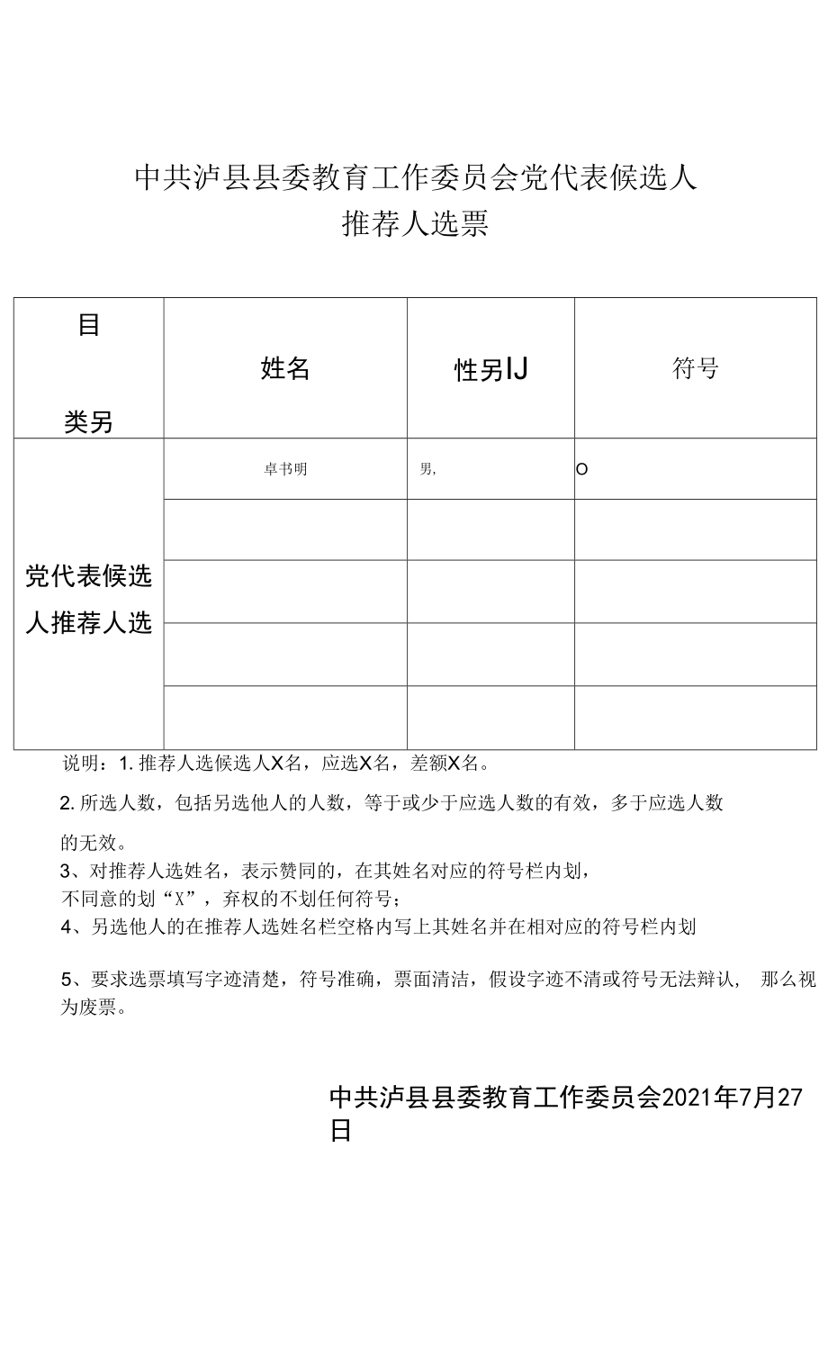 县委教育工作委员会党代表候选人 推荐人选推荐票推荐票模板.docx_第1页