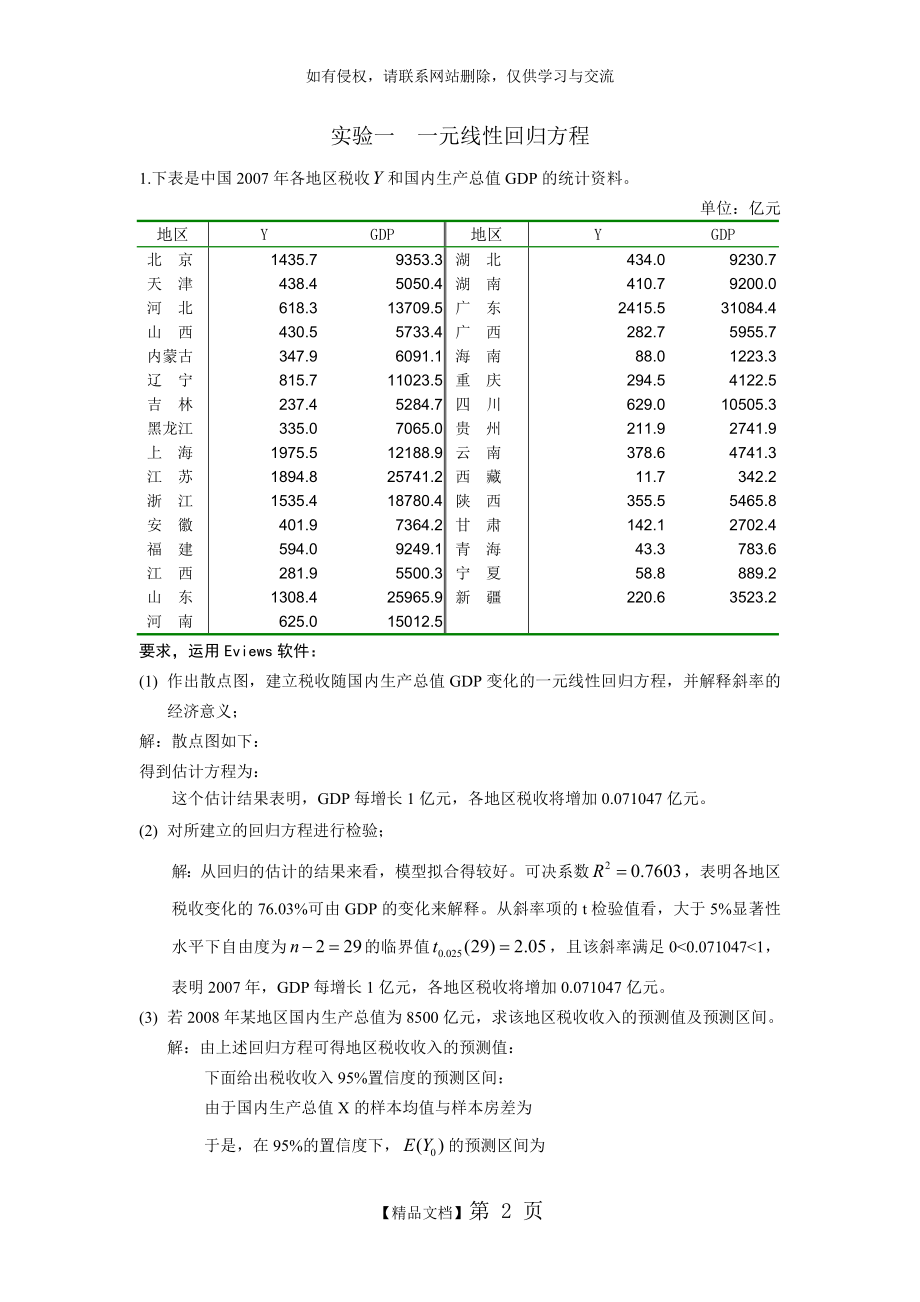 计量经济学 实验一 一元线性回归 完成版.doc_第2页