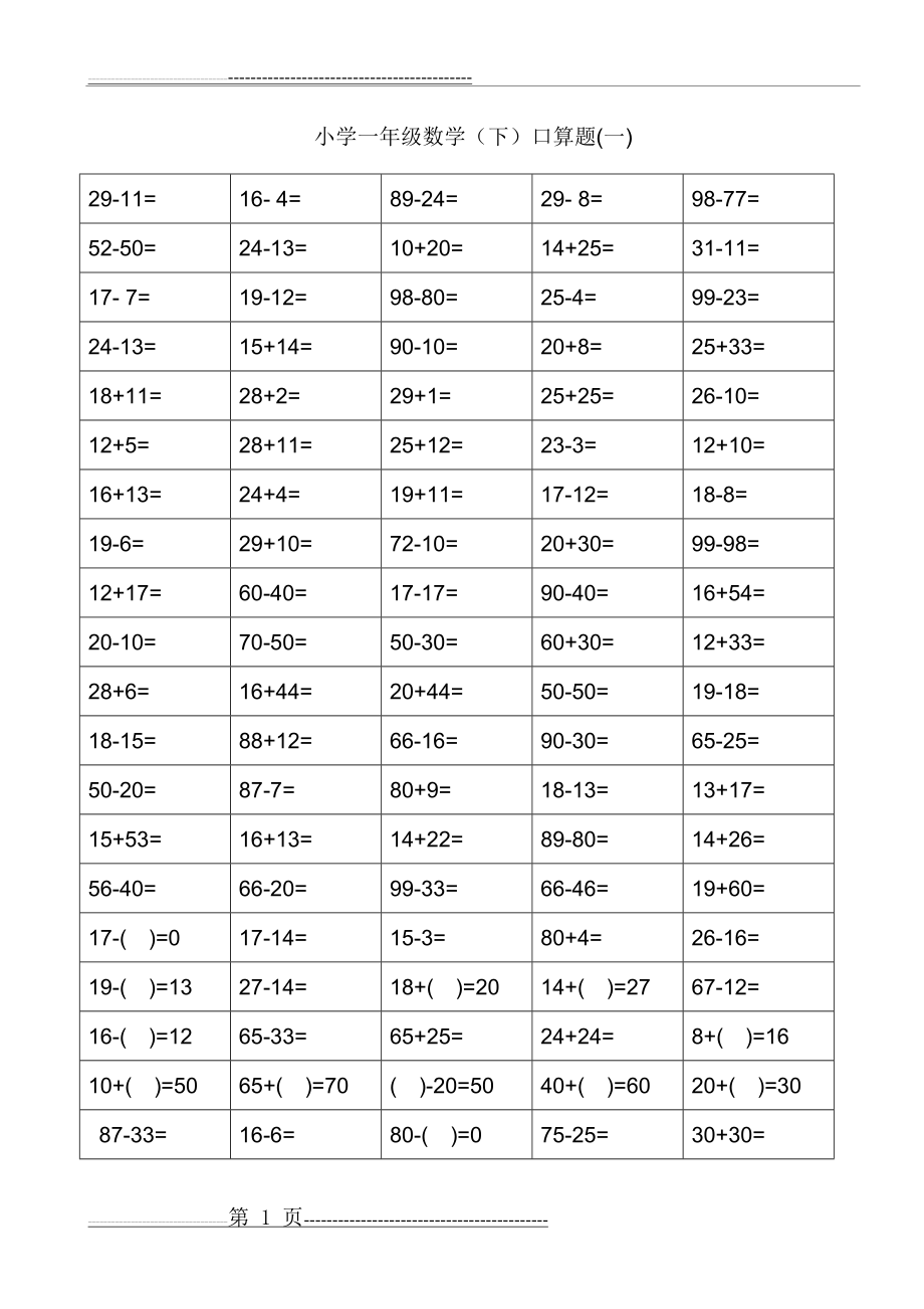 一年级口算过关测试题(100以内进退位加减法)口算不用愁 非常实用(25页).doc_第1页