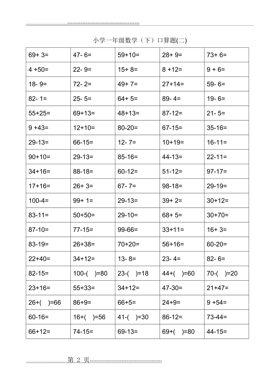 一年级口算过关测试题(100以内进退位加减法)口算不用愁 非常实用(25页).doc_第2页