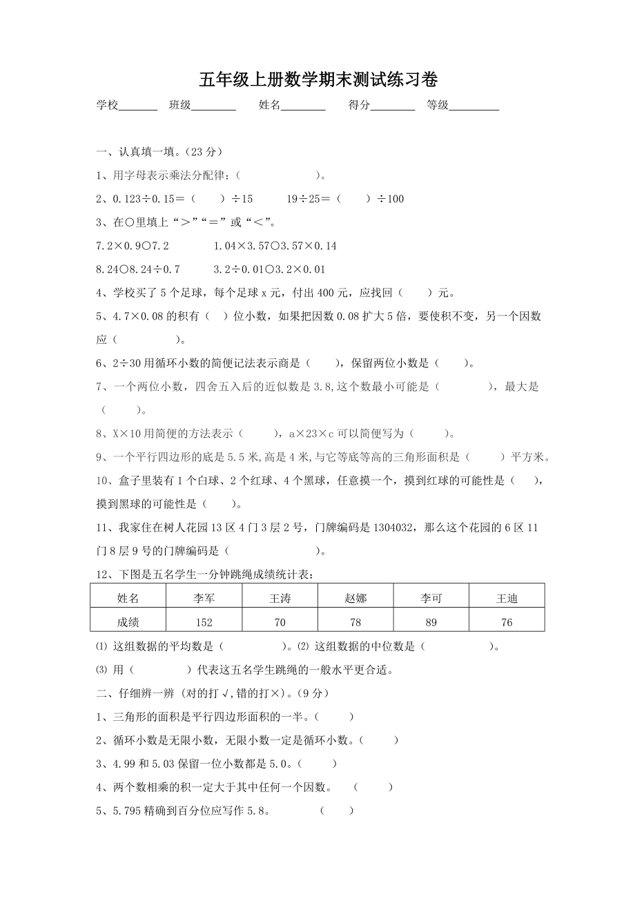 人教版五年级上册数学期末考试试卷.doc_第1页