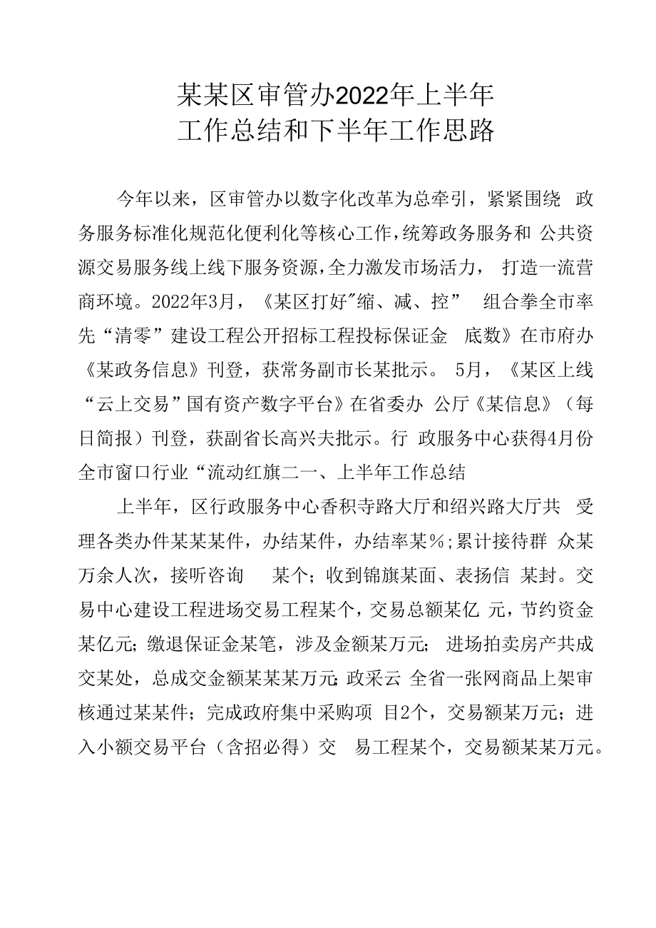 某某区审管办2022年上半年工作总结和下半年工作思路.docx_第1页