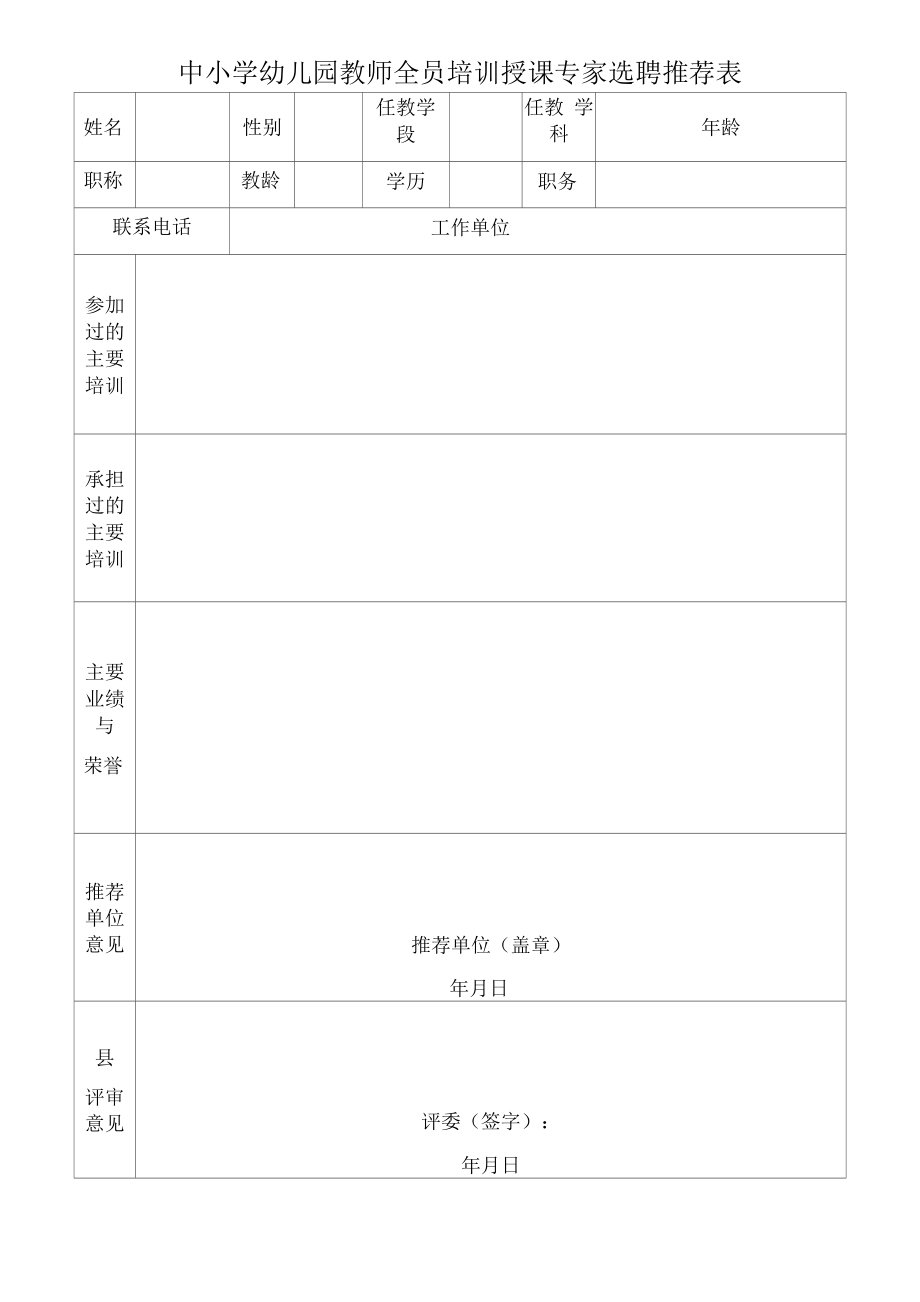 中小学幼儿园教师全员培训授课专家选聘推荐表.docx_第1页