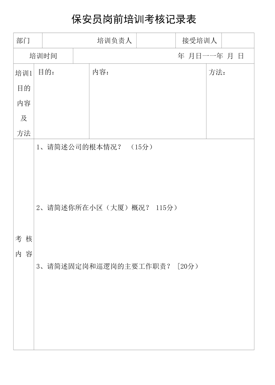 保安员岗前培训考核记录表(2022版).docx_第1页