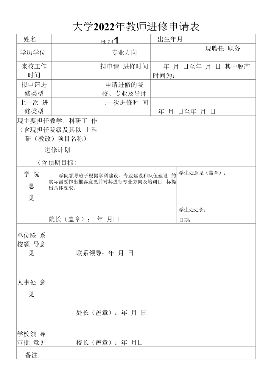 大学2022年教师进修申请表.docx_第1页