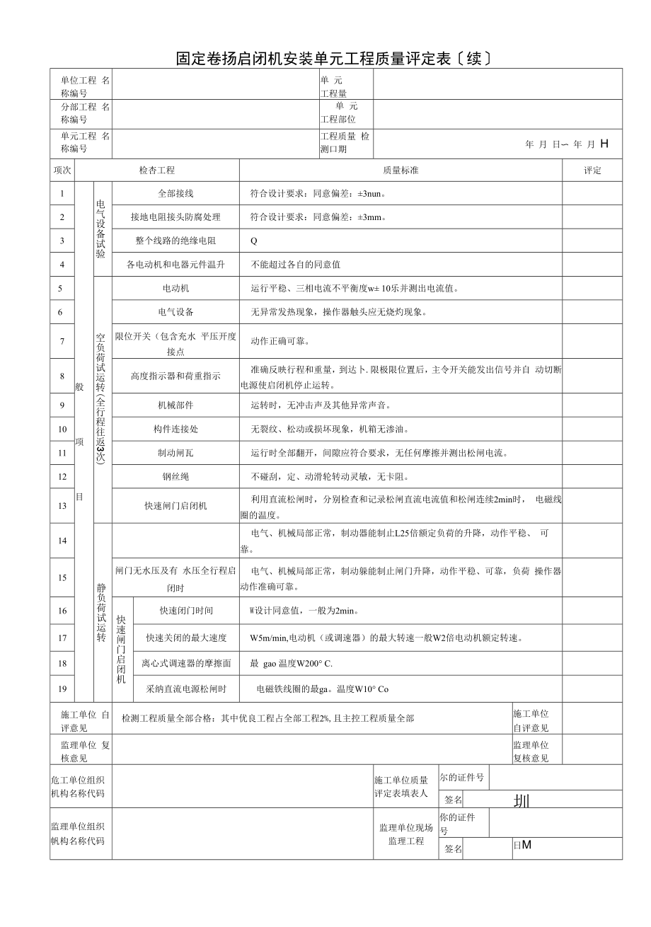 固定卷扬启闭机安装单元工程质量评定表续(2022版).docx_第1页