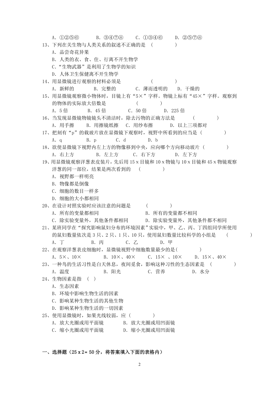 苏教版生物七年级上第一单元测试题.doc_第2页