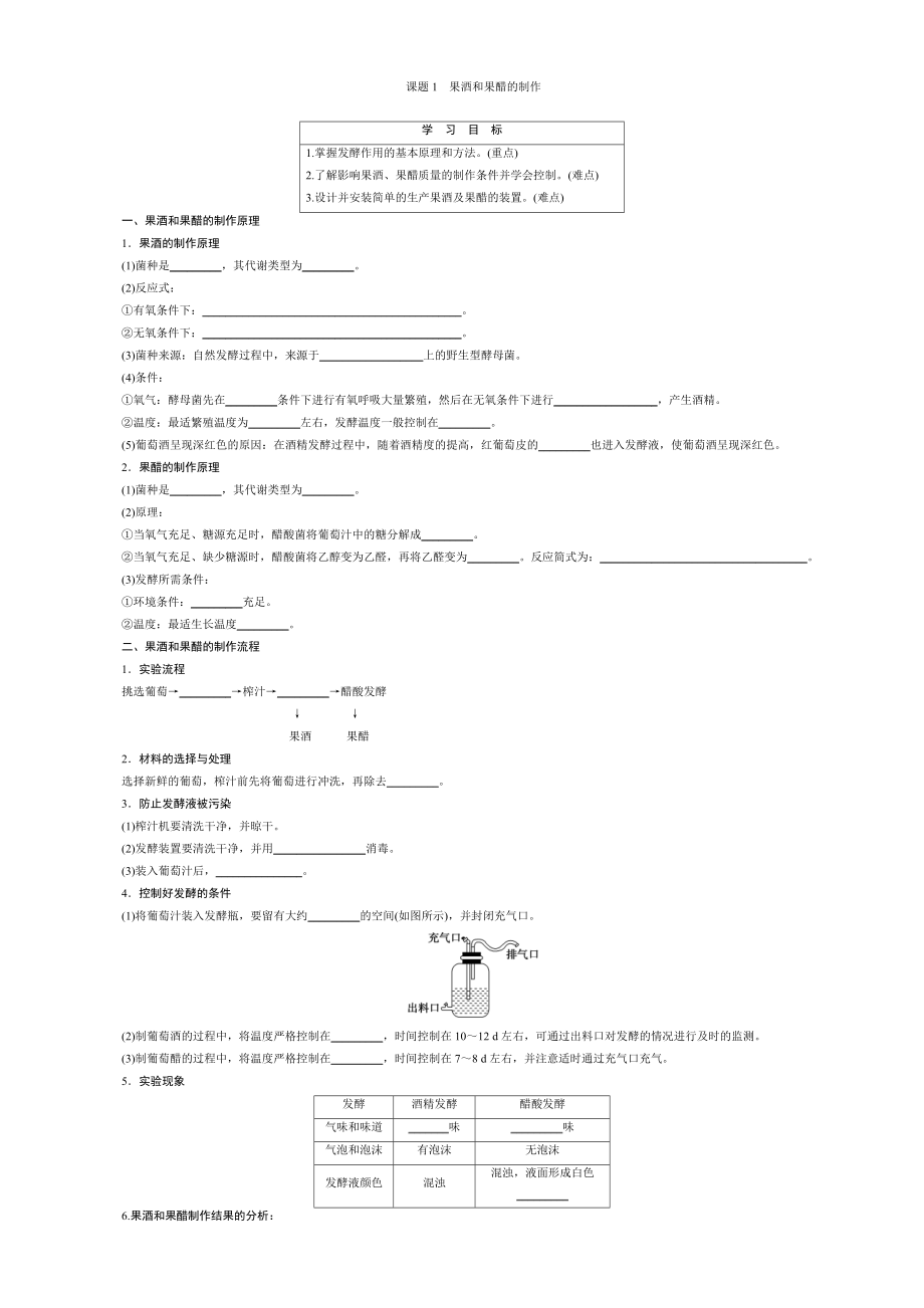 高中生物选修一专题1果酒果醋的制作学案(答案).doc_第1页