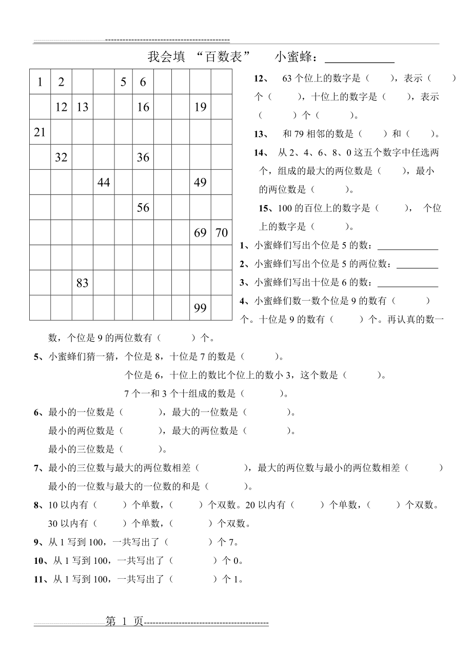 一年级下册数学百数表小测试题(2页).doc_第1页