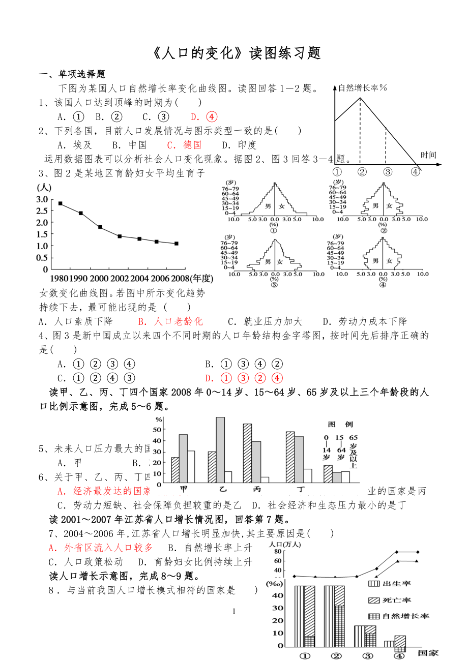 高中地理必修二第一章人口的变化读图练习题集.doc_第1页