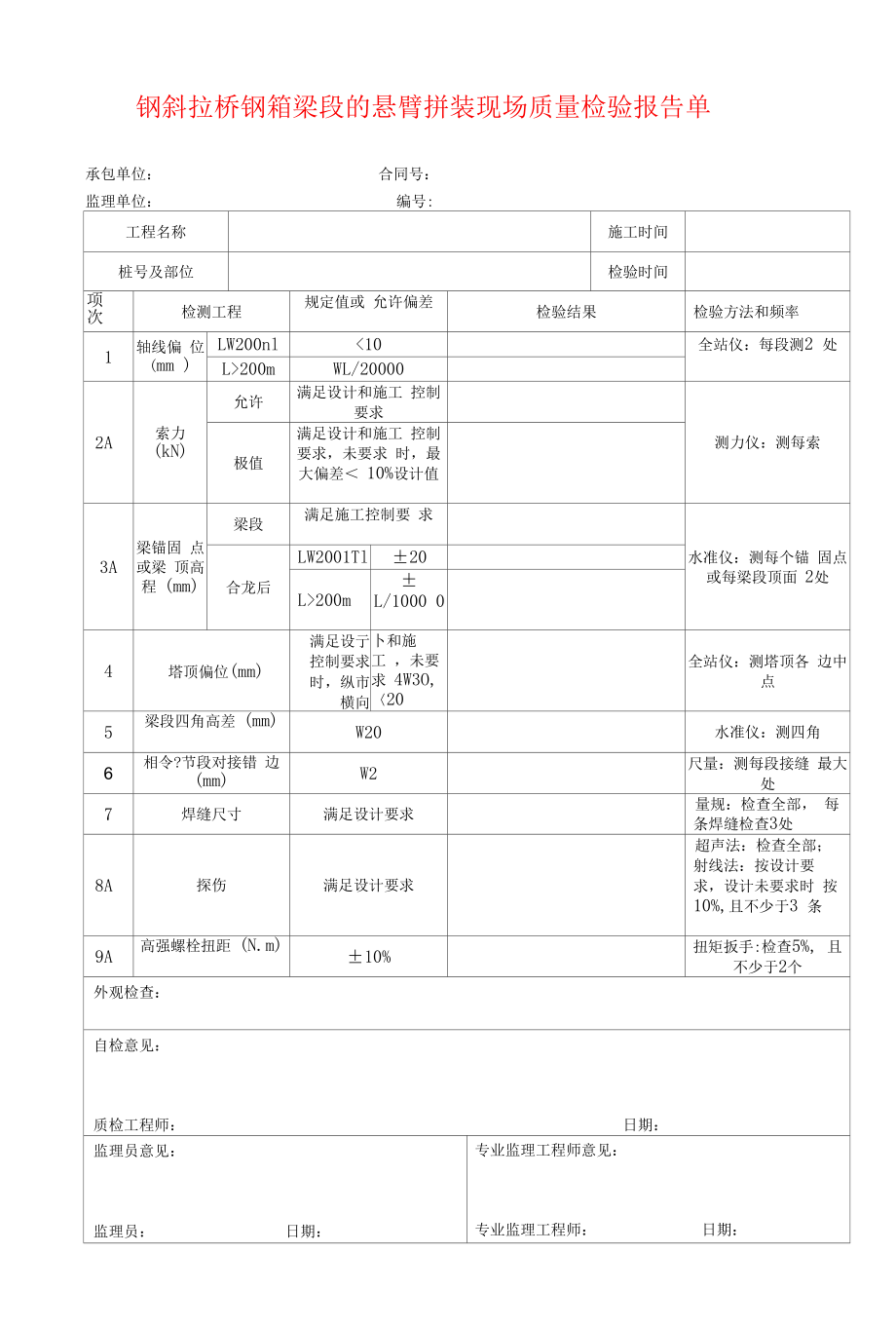 钢斜拉桥钢箱梁段的悬臂拼装现场质量检验报告单.docx_第1页