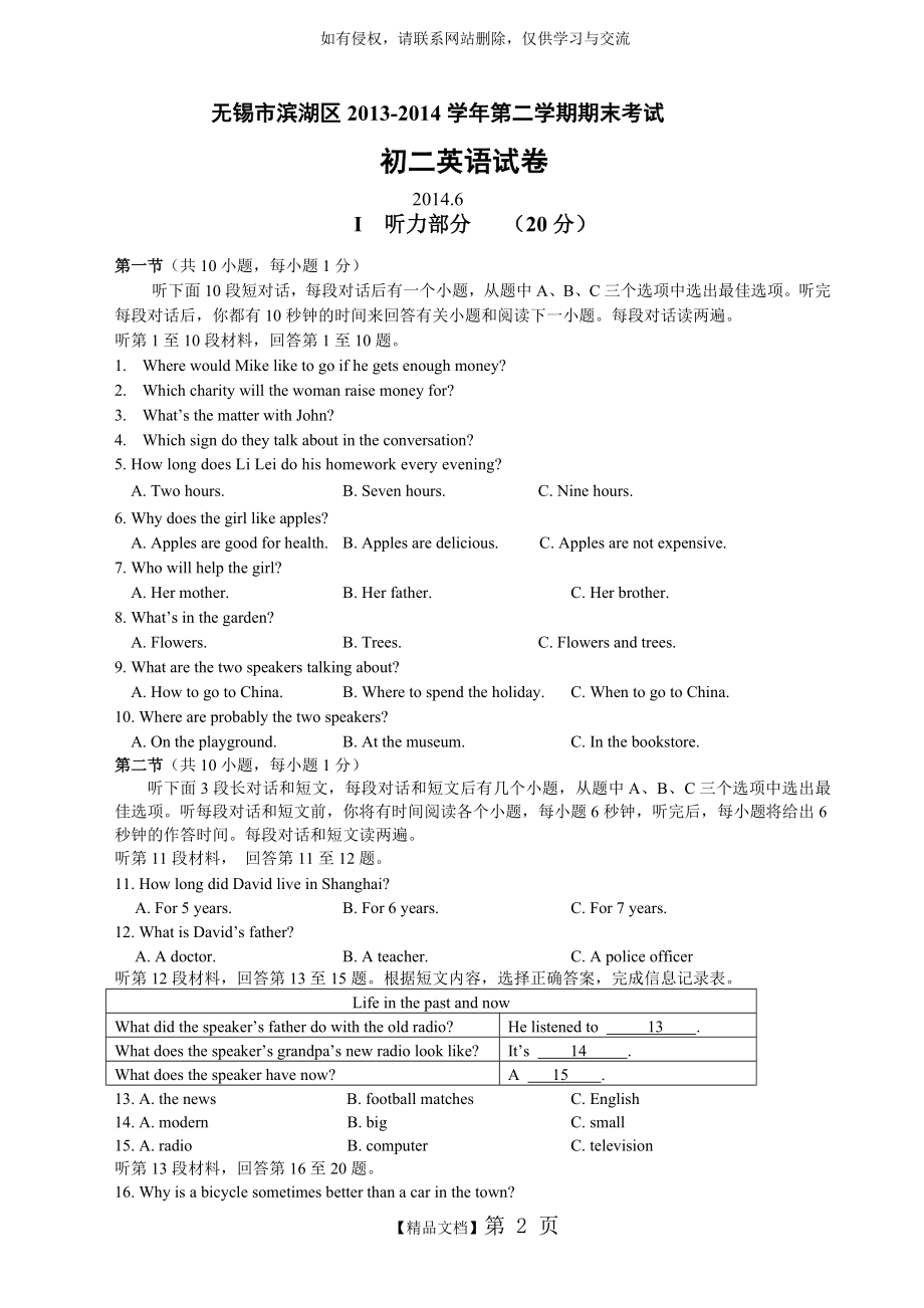 译林牛津版初二下期末考试英语试卷及答案.doc_第2页