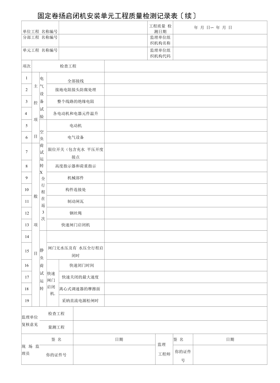 固定卷扬启闭机安装单元工程质量检测记录表续(2022版).docx_第1页