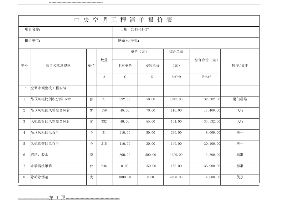 中 央 空 调 工 程 清 单 报 价 表(4页).doc_第1页