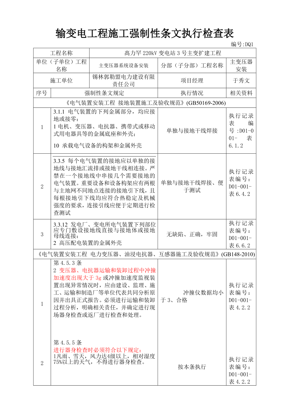 输变电工程施工强制性条文检查执行检查记录.doc_第1页