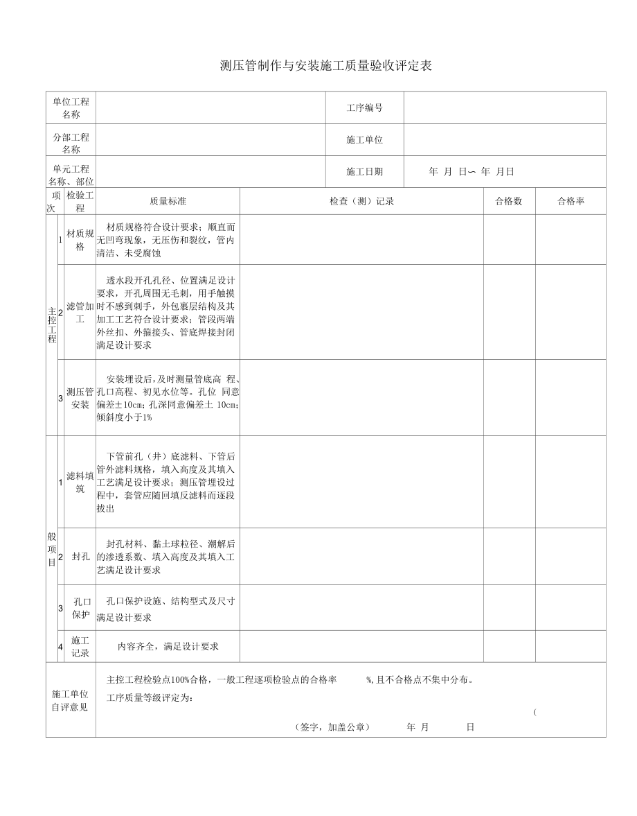 测压管制作与安装施工质量验收评定表.docx_第1页