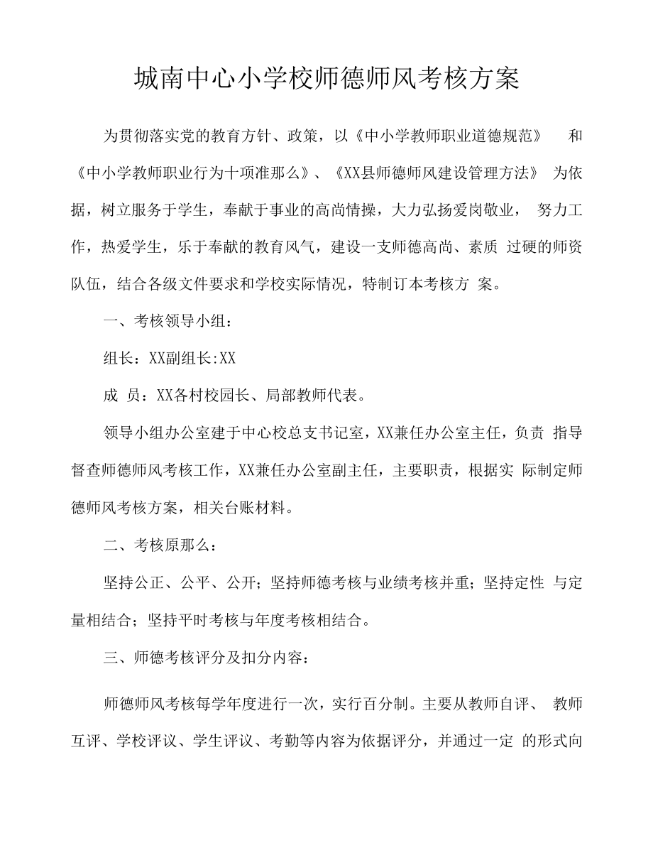 城南中心小学校师德师风考核方案.docx_第1页