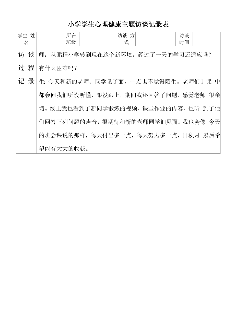 小生心理健康主题学生访谈记录表格.docx_第1页